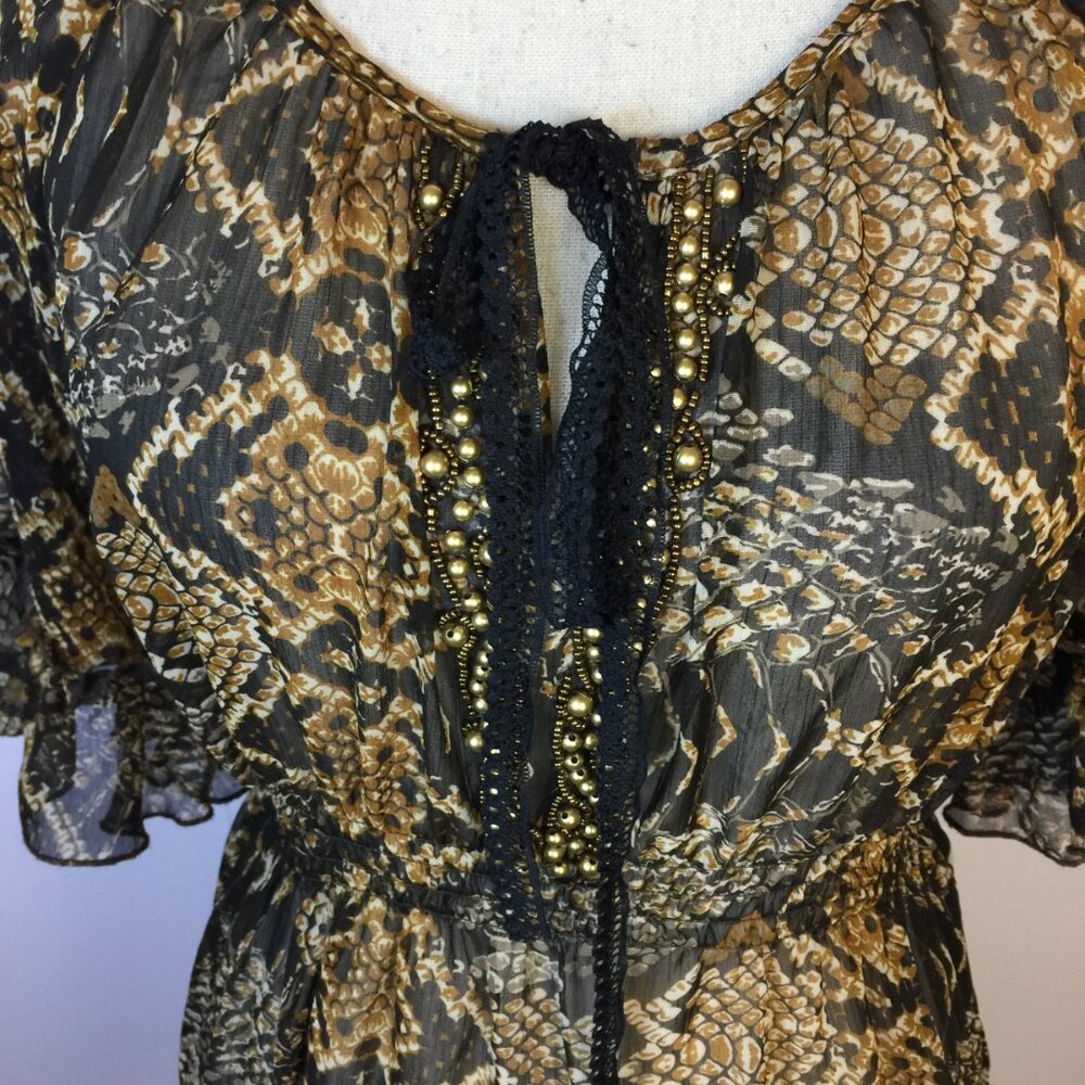Mushka By Sienna Rose Tunic Blouse Sz M Womens Animal Print Smocked Waist Beaded - Picture 6 of 13